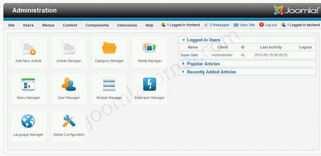 หน้าผู้ดูแลระบบของ Joomla! 1.6 เบต้า 1